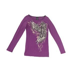 PJ Petrol Y2K Vintage Angel Wing & Gothic Cross Long Sleeve Shirt Medium Grunge